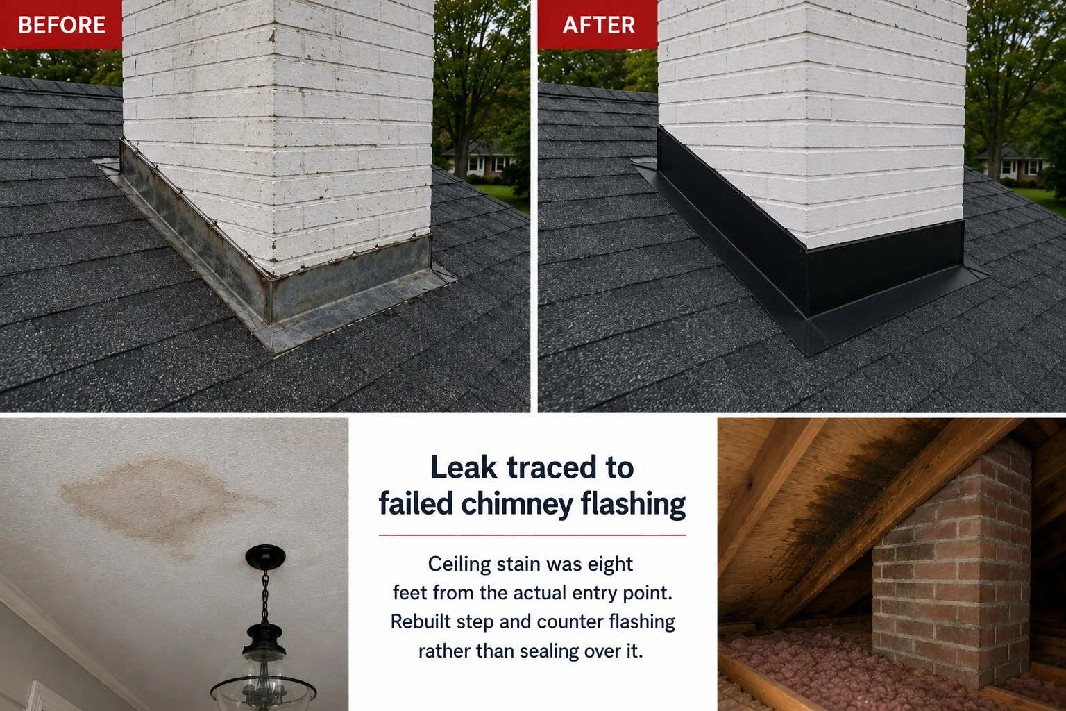 Before and after of a white painted brick chimney: weathered, stained counter flashing lifting away from the shingles, then rebuilt black step and counter flashing tight to the brick, shown with the ceiling stain it caused and the water-stained attic sheathing beside the chimney below.