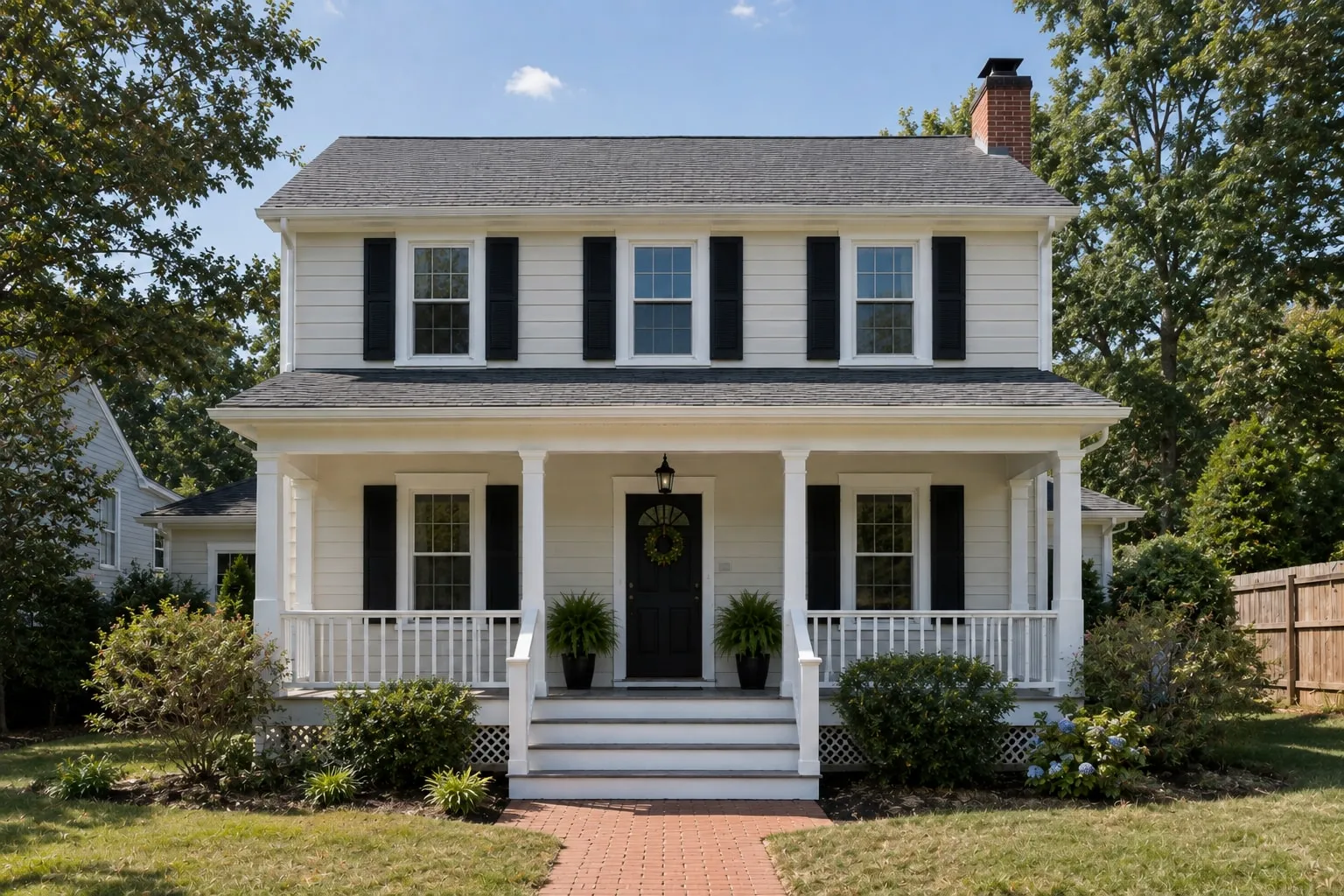 A two-story white clapboard home with a covered front porch after a full exterior repaint, its black shutters, white trim, and porch railings freshly finished.
