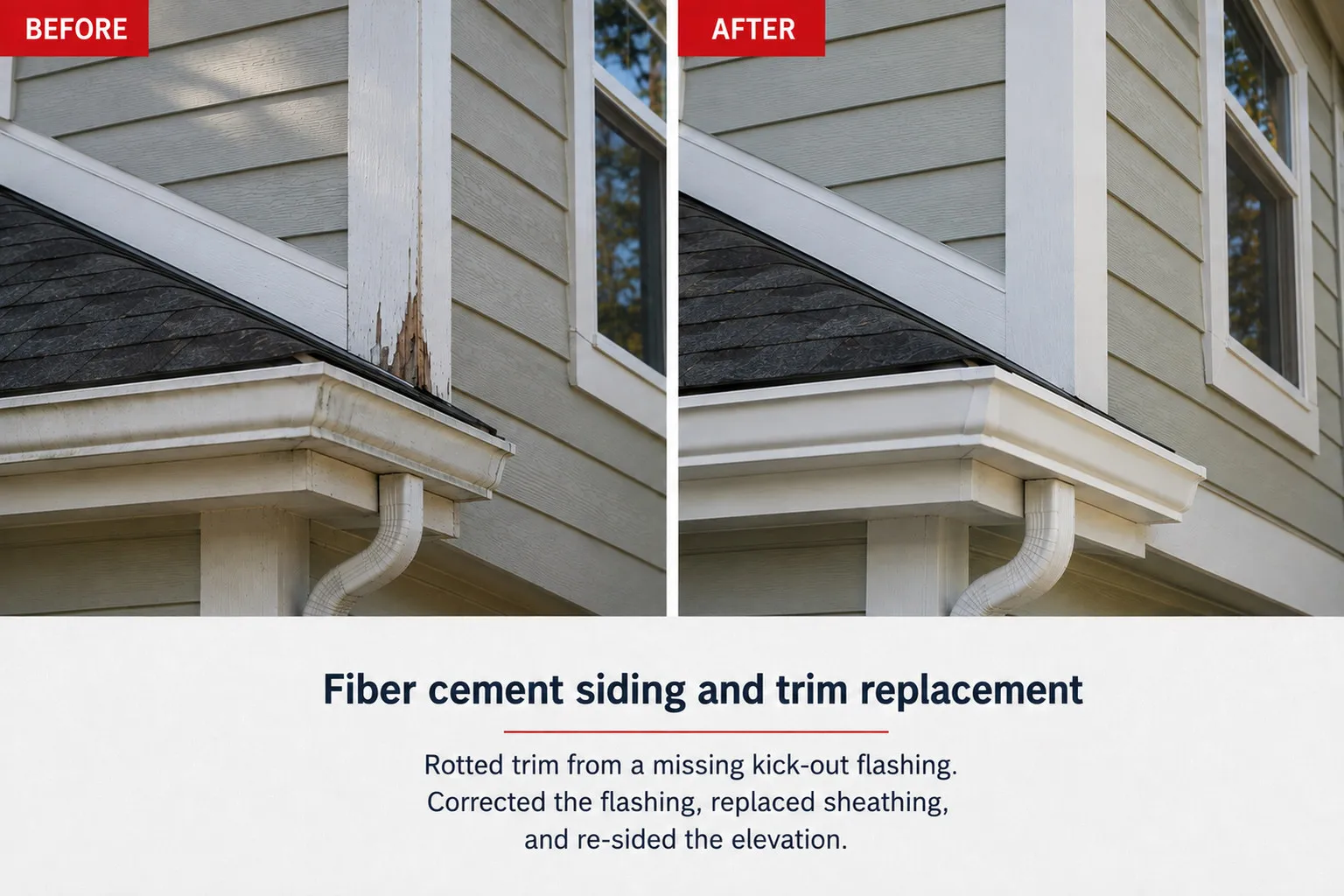 Before and after of a roof-to-wall corner: peeling paint and water-stained rot down the corner trim where the roof meets the wall, above a streaked gutter, then new fiber cement lap siding, clean white trim, and a bright new gutter and downspout.